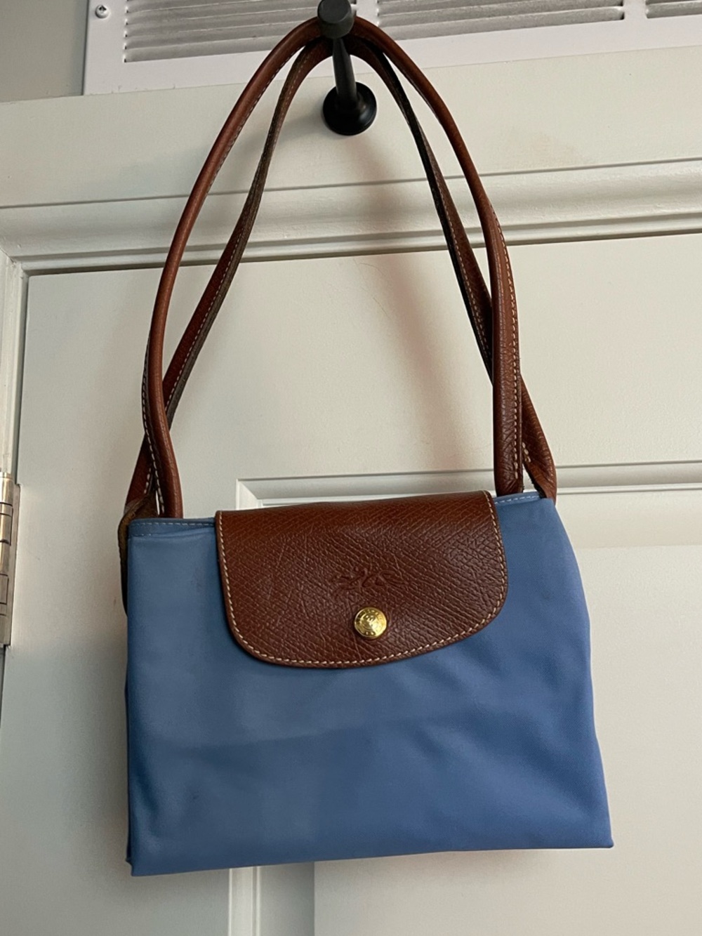 Longchamp Le Pliage Original Tote Bag - Blue Nylon with Brown Leather Trim
